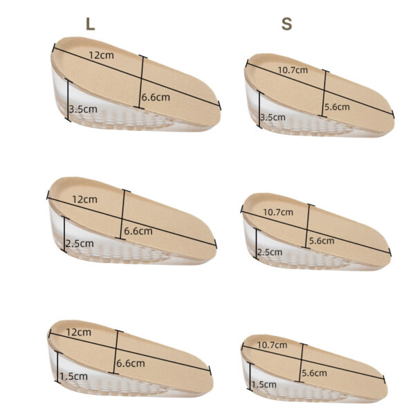 尺寸图 Unisex PU Gel 1.5cm 2.5cm 3.5cm Insert Heel Pad Height Increasing Insoles